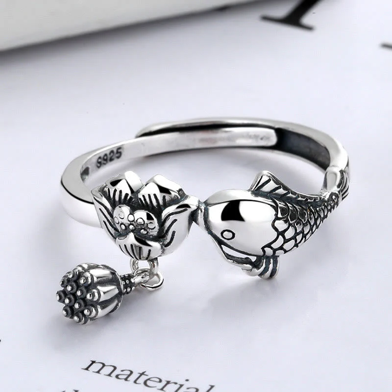 925 Sterling Silver Koi Fish Lotus Flower Adjustable Success Ring - Image 2