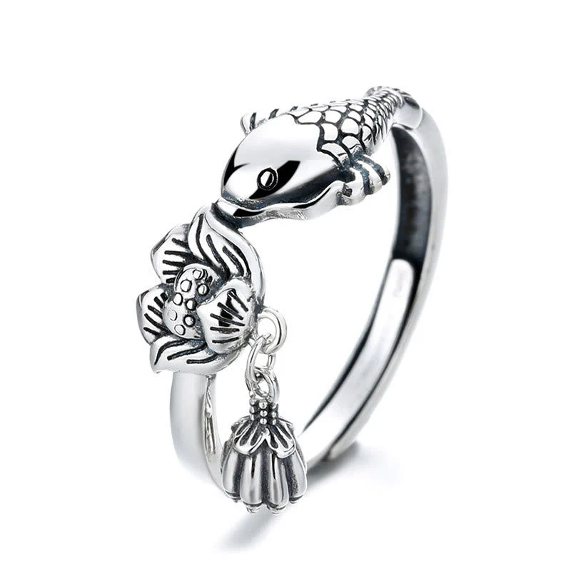 925 Sterling Silver Koi Fish Lotus Flower Adjustable Success Ring - Image 3