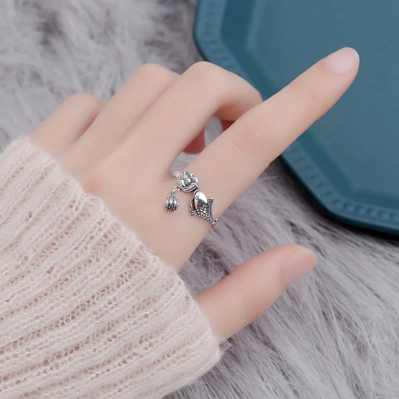 925 Sterling Silver Koi Fish Lotus Flower Adjustable Success Ring - Image 4