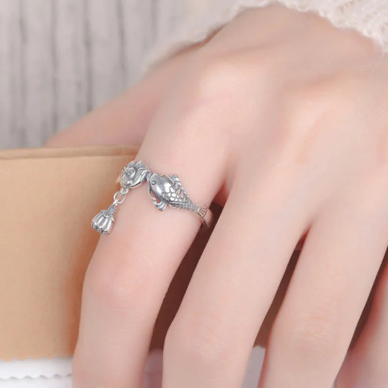 925 Sterling Silver Koi Fish Lotus Flower Adjustable Success Ring - Image 5