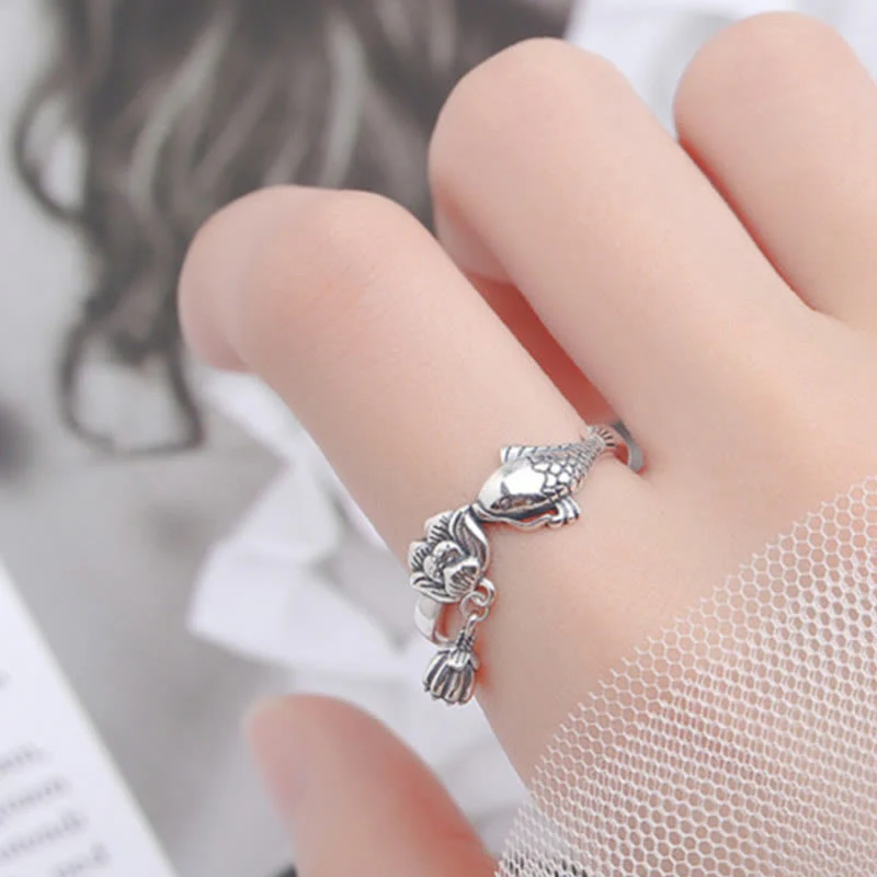 925 Sterling Silver Koi Fish Lotus Flower Adjustable Success Ring - Image 6