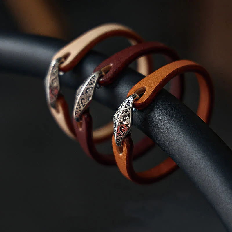 Unisex Leather Multi-turn Protection Bracelet with Silver
