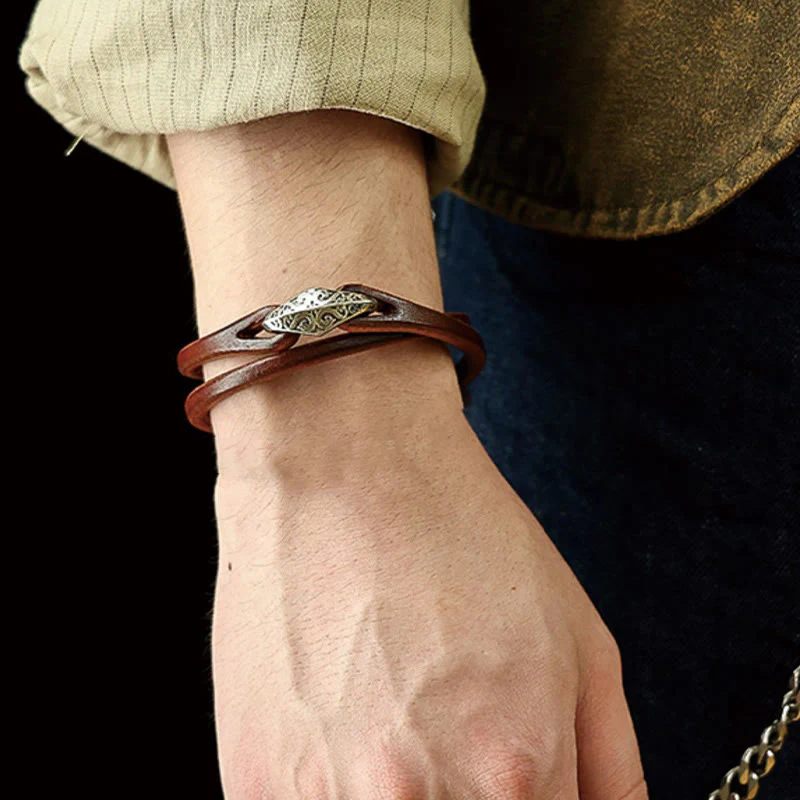 Unisex Leather Multi-turn Protection Bracelet with Silver - Image 19