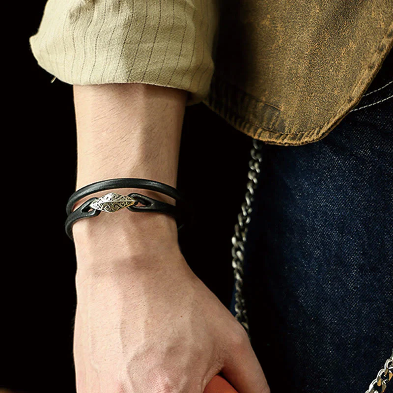 Unisex Leather Multi-turn Protection Bracelet with Silver - Image 31