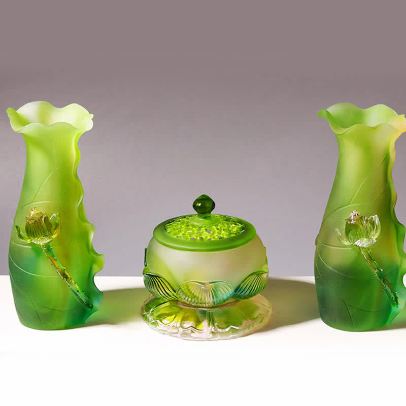 Handmade Liuli Feng Shui Lotus Crystal Art Piece - Image 2