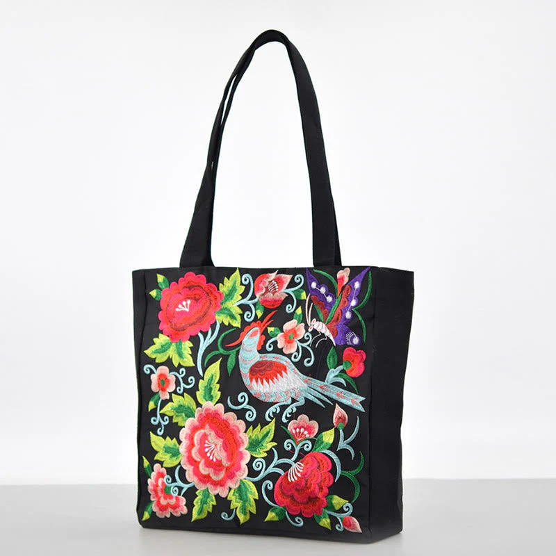 Magpie Embroidery Canvas Bag with Peony & Chrysanthemum Flowers - Image 2