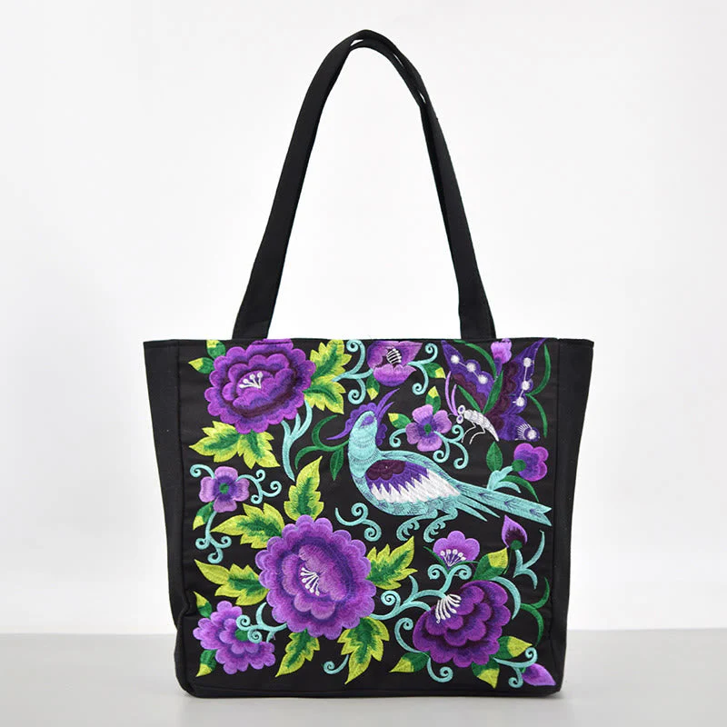 Magpie Embroidery Canvas Bag with Peony & Chrysanthemum Flowers - Image 8