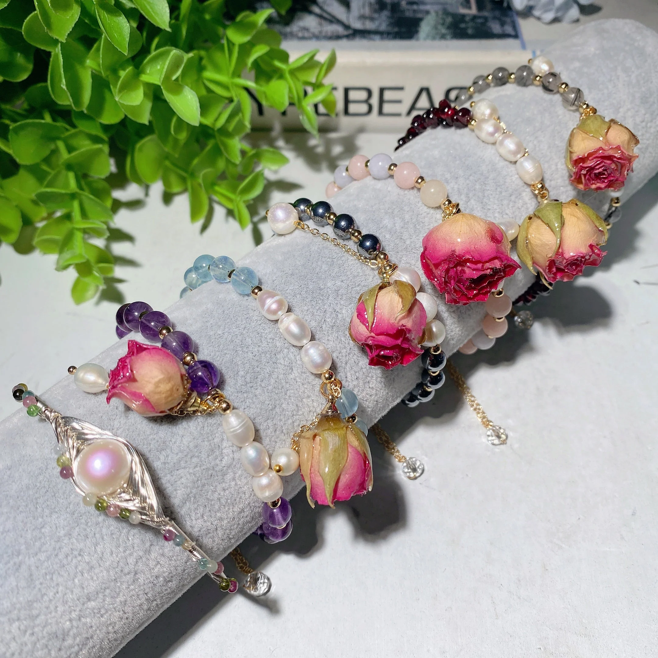 Mixed Crystal Healing Bracelet with Pearl Rose Flower Accent - Image 2