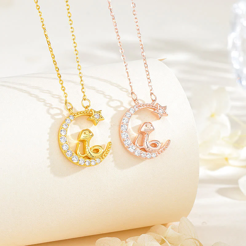 Sterling Silver Moon Snake Pendant with Zirconia for Blessing - Image 7