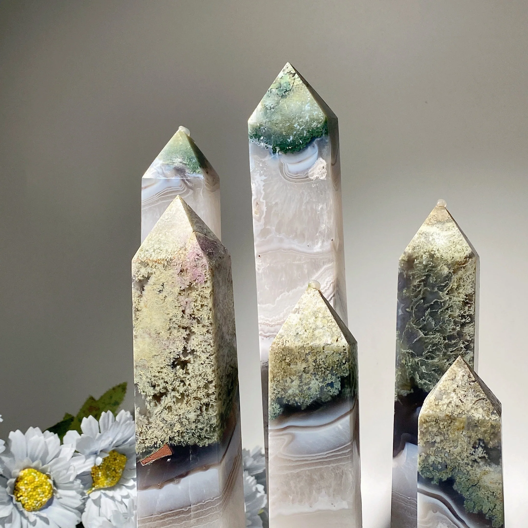 Moss Agate Crystal Tower 18-35cm for Healing & Energy