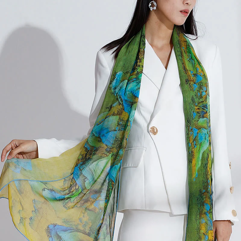 100% Mulberry Silk Tibetan Scarf Panorama of Rivers and Mountains - Image 12