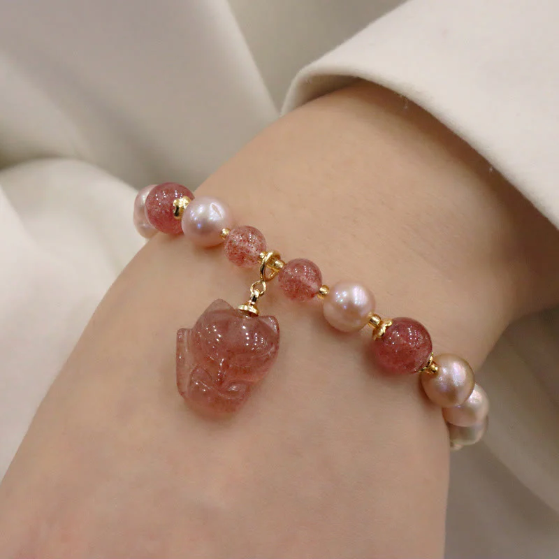 Natural Pearl Strawberry Quartz Healing Charm Bracelet - Image 10