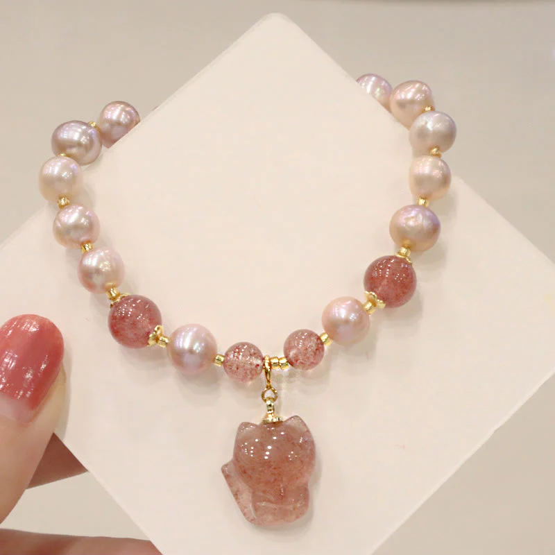 Natural Pearl Strawberry Quartz Healing Charm Bracelet - Image 3
