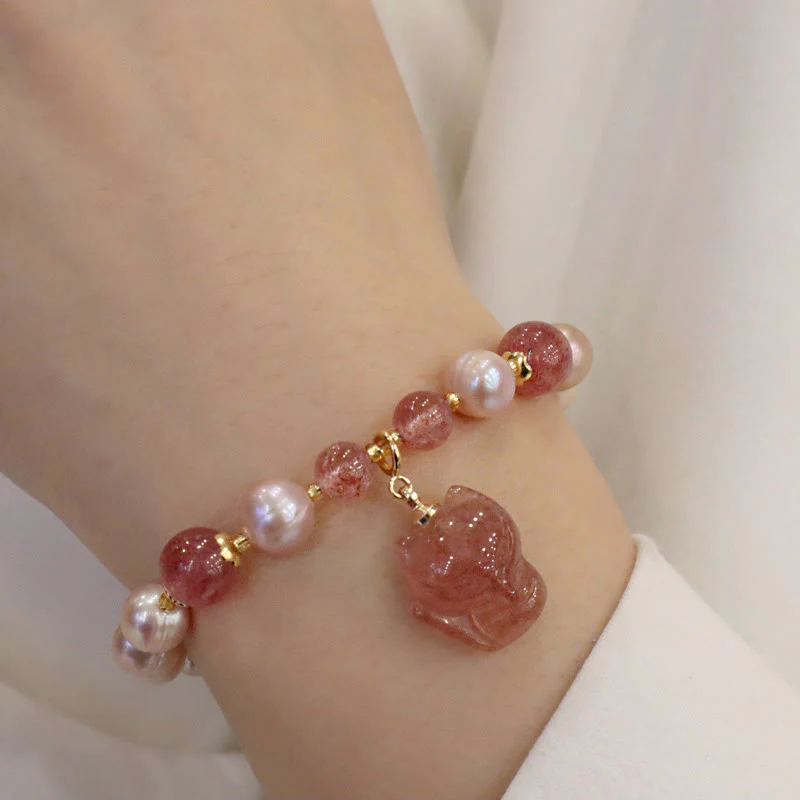 Natural Pearl Strawberry Quartz Healing Charm Bracelet - Image 6