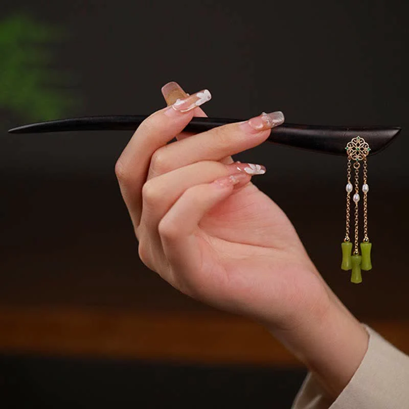 Natural Peridot & Ebony Wood Love Tassels Hairpin - Image 3