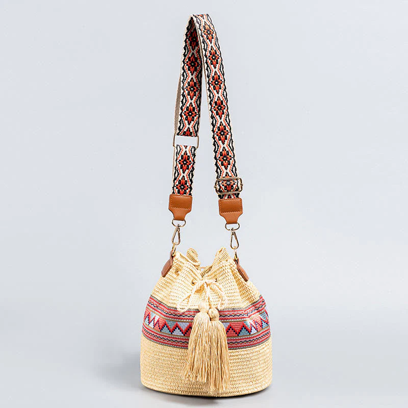Straw Woven Geometric Bucket Bag with Tassels for Beach