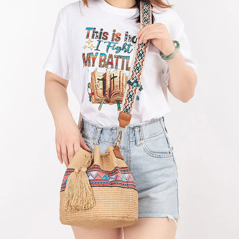 Straw Woven Geometric Bucket Bag with Tassels for Beach - Image 10