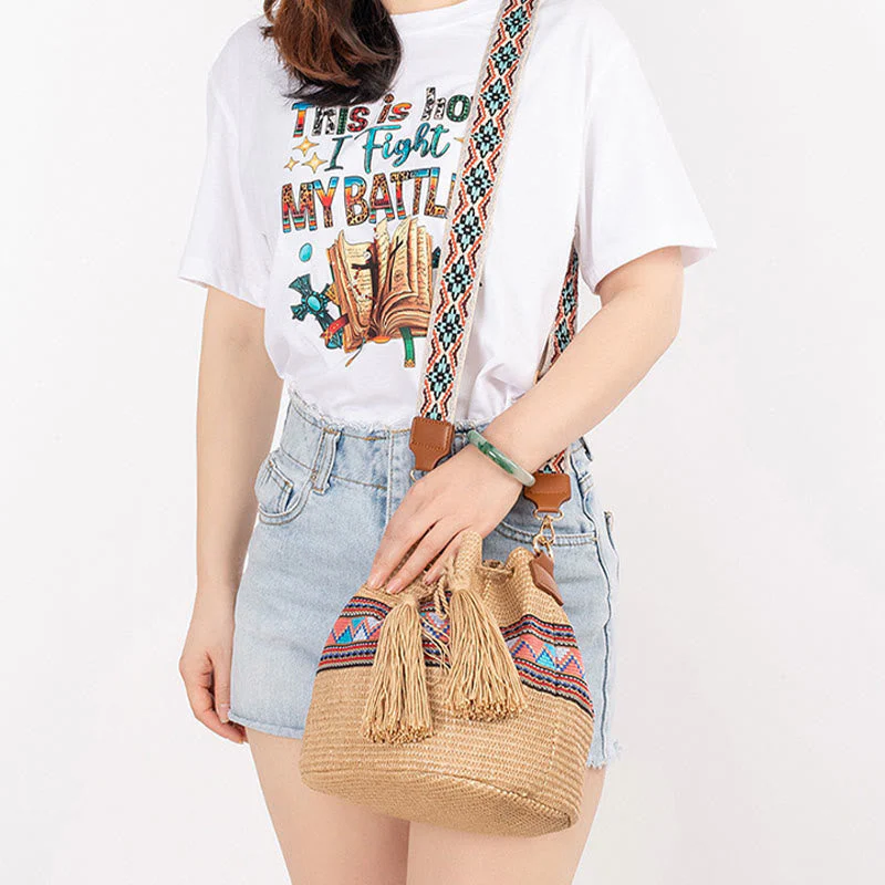 Straw Woven Geometric Bucket Bag with Tassels for Beach - Image 11