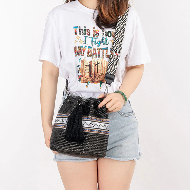 Straw Woven Geometric Bucket Bag with Tassels for Beach - Image 14