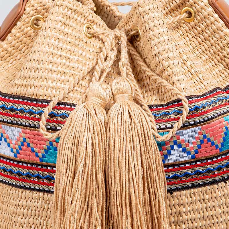 Straw Woven Geometric Bucket Bag with Tassels for Beach - Image 6