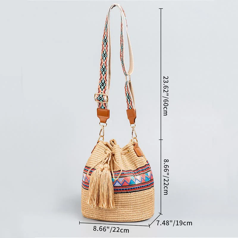 Straw Woven Geometric Bucket Bag with Tassels for Beach - Image 9