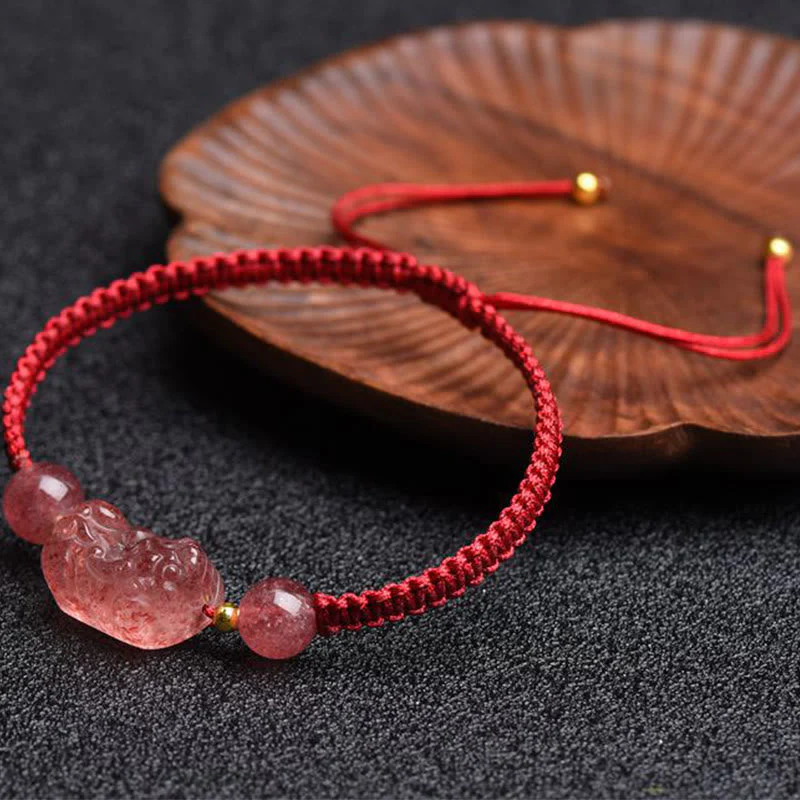 Natural Strawberry Quartz PiXiu Red String Bracelet for Luck - Image 7