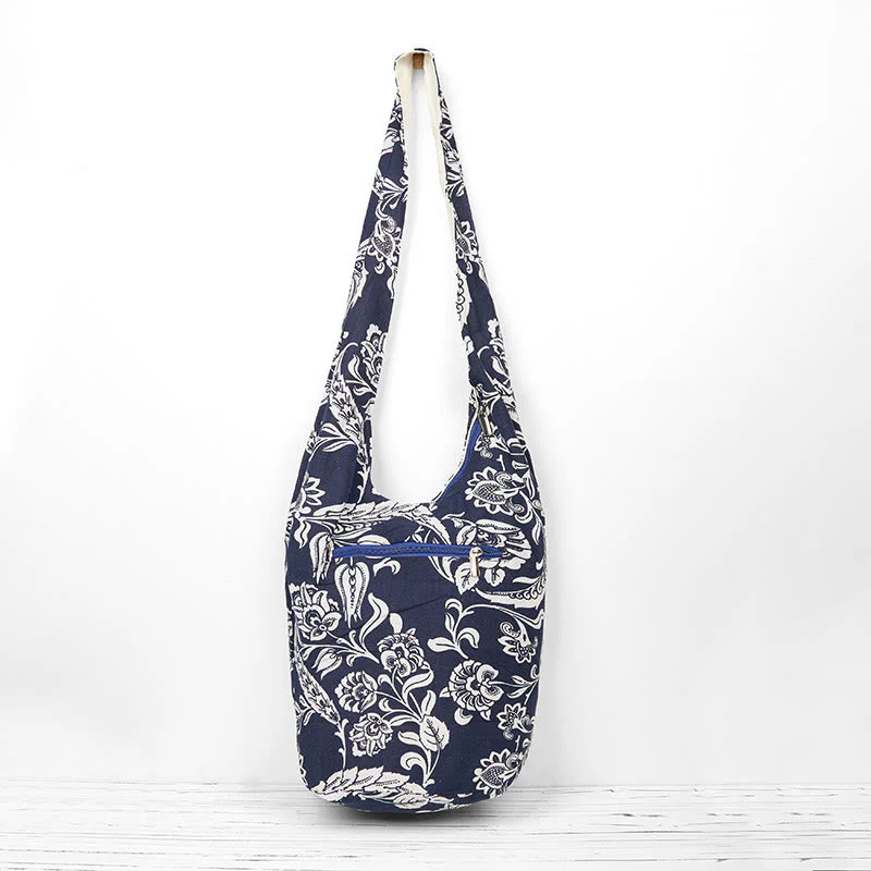 Navy Blue White Flower Cotton Crossbody Bag for Spiritual Accessories - Image 4