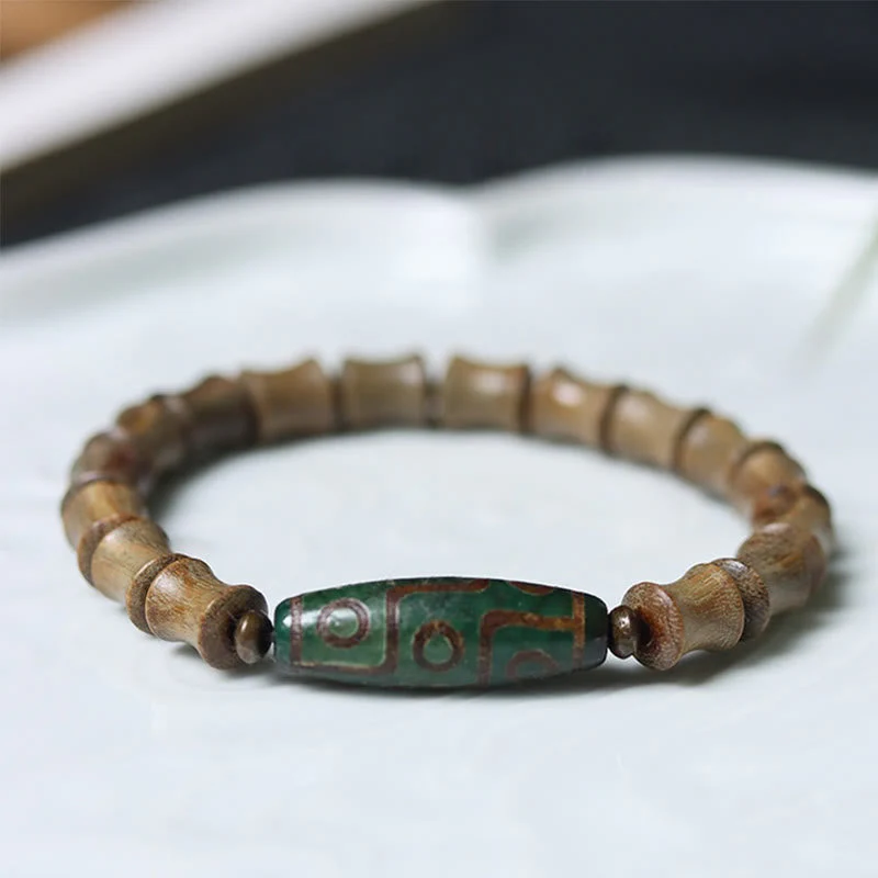 Nine-Eye Dzi Bead Green Sandalwood Spiritual Bracelet 14-16cm