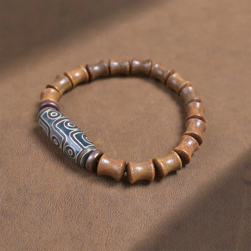 Nine-Eye Dzi Bead Green Sandalwood Spiritual Bracelet 14-16cm - Image 3