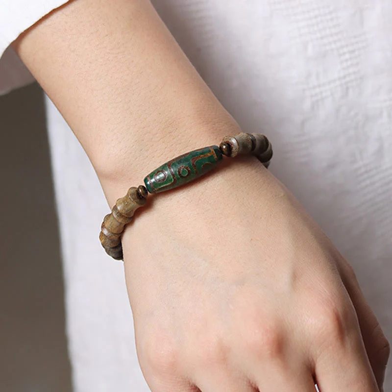 Nine-Eye Dzi Bead Green Sandalwood Spiritual Bracelet 14-16cm - Image 6