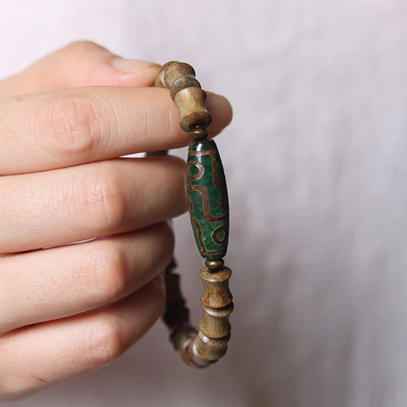 Nine-Eye Dzi Bead Green Sandalwood Spiritual Bracelet 14-16cm - Image 7