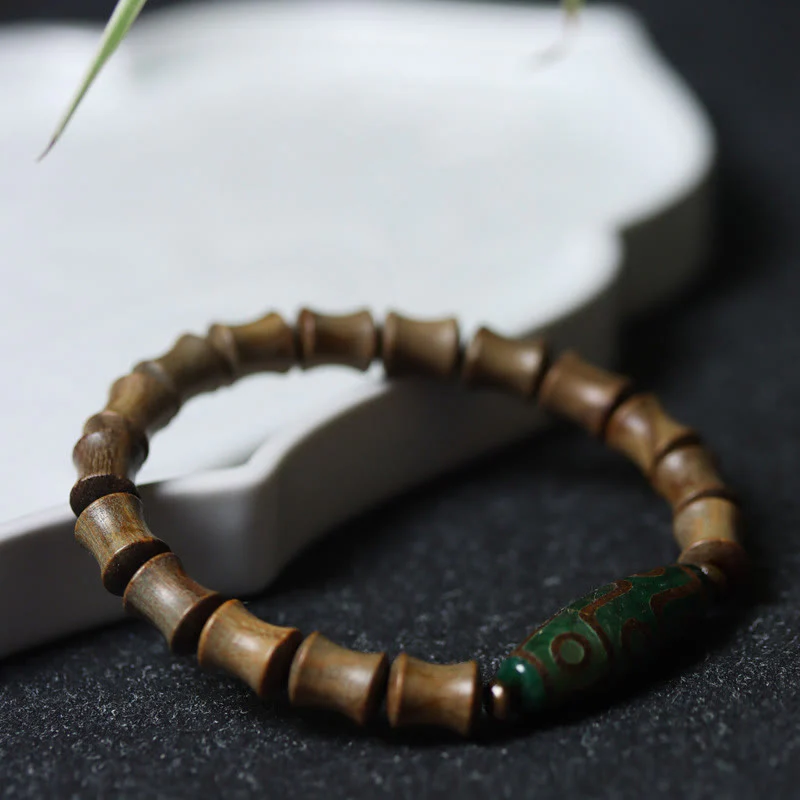 Nine-Eye Dzi Bead Green Sandalwood Spiritual Bracelet 14-16cm - Image 8
