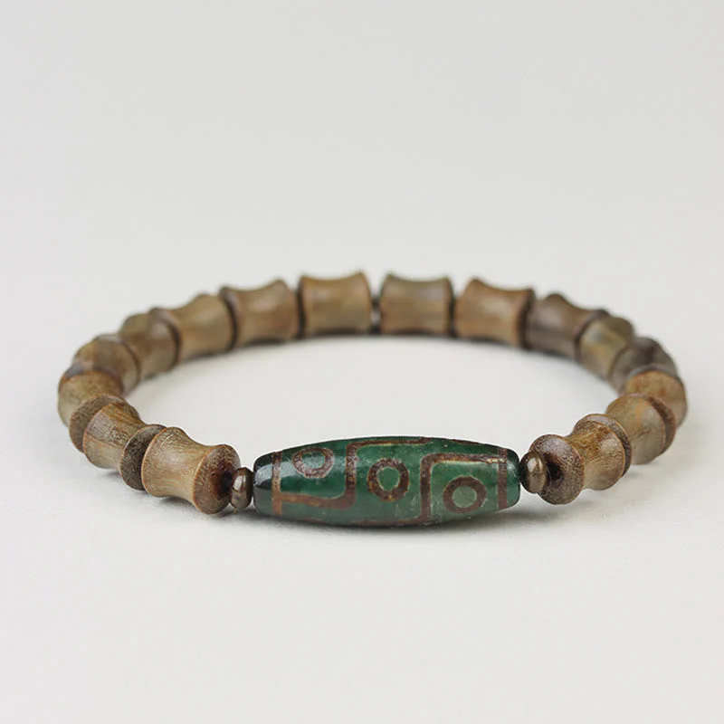 Nine-Eye Dzi Bead Green Sandalwood Spiritual Bracelet 14-16cm - Image 9