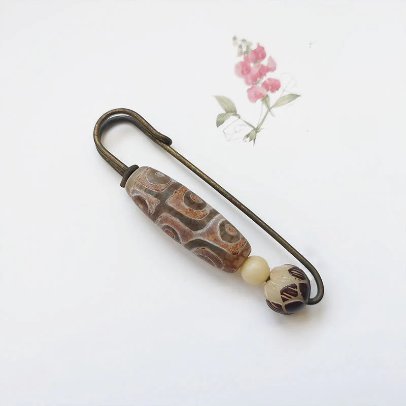 Nine-Eye Dzi Bead Bodhi Seed Lotus Protection Brooch - Image 3