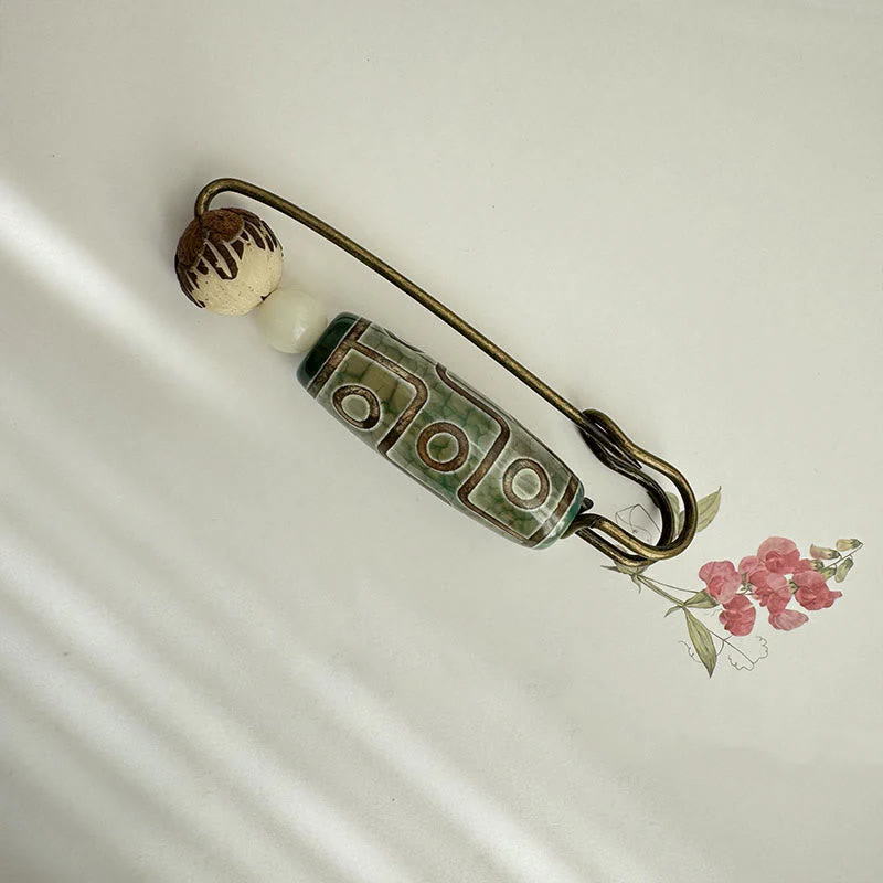 Nine-Eye Dzi Bead Bodhi Seed Lotus Protection Brooch - Image 8