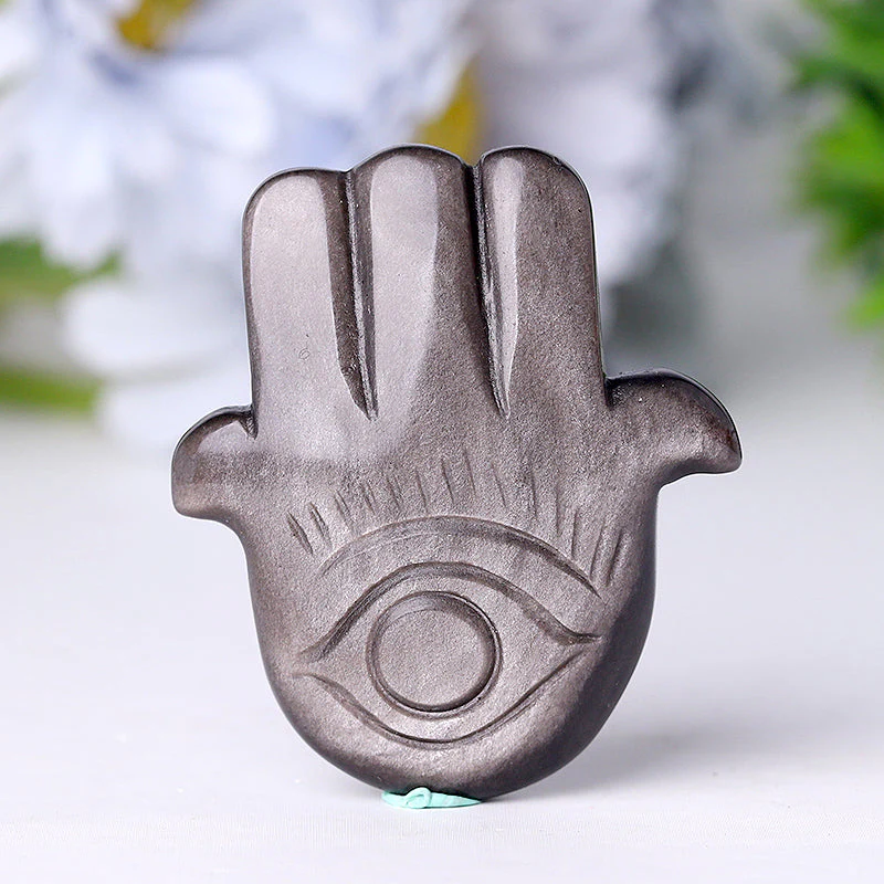 2" Obsidian Hand Figurine with Evil Eye Carving - Image 2