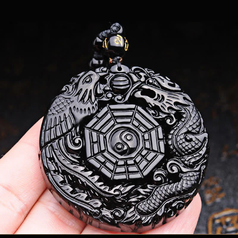 Obsidian Bagua Dragon Phoenix Fulfilment Pendant Necklace - Image 10