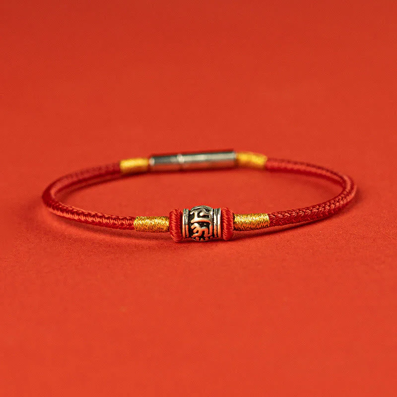 Om Mani Padme Hum Peace Bracelet | Red & Black String Silver - Image 3