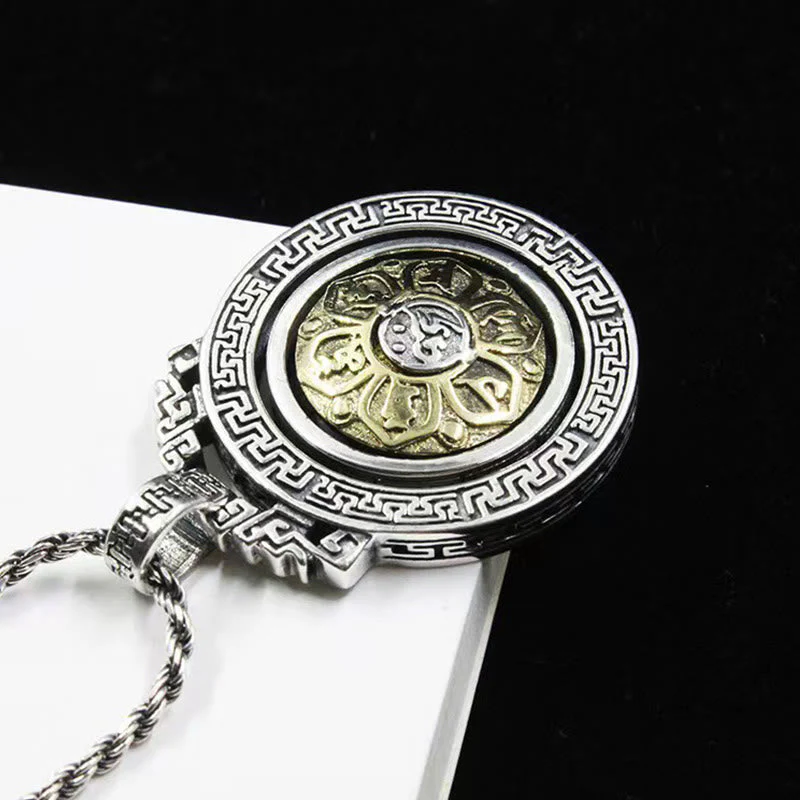 Om Mani Padme Hum Necklace | Copper Silver Rotatable Pendant - Image 2