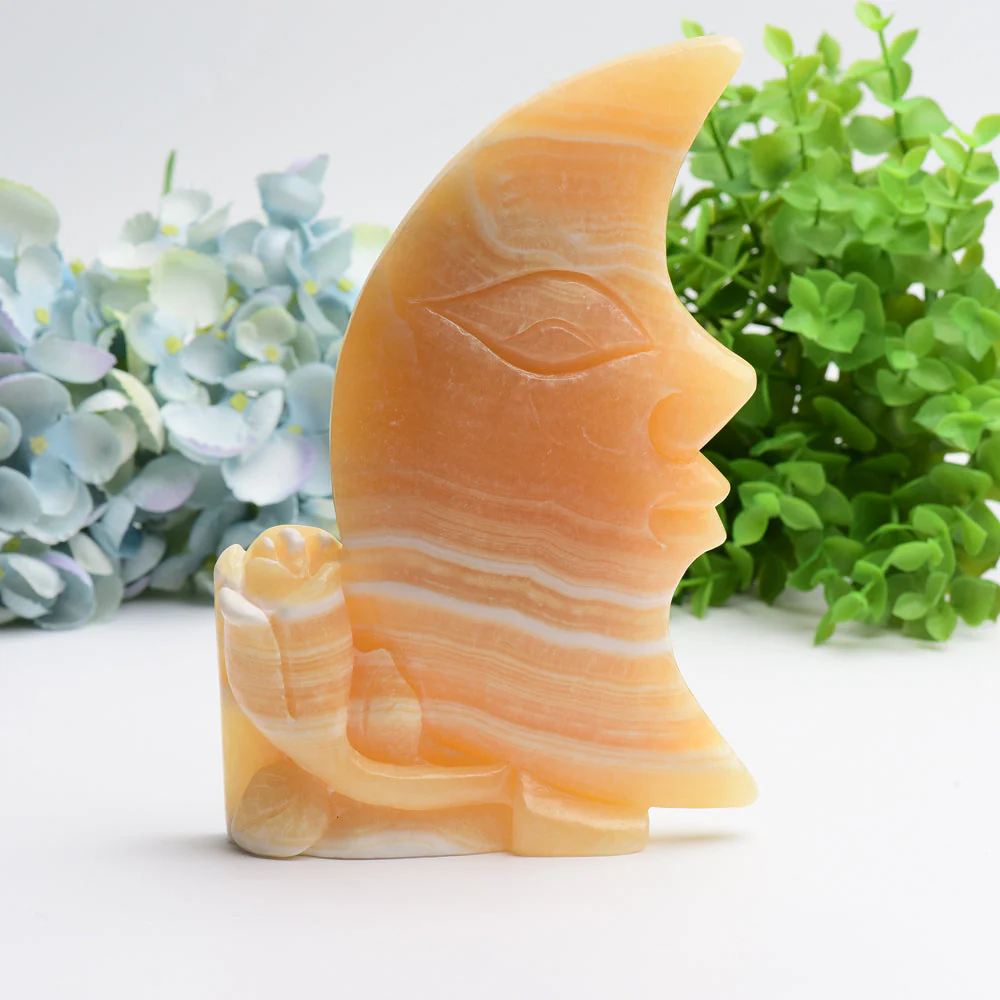 8 Inch Orange Calcite Moon Face Crystal Figurine Carving