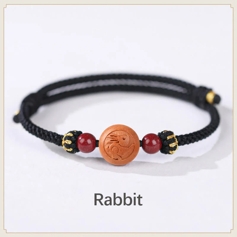 Natural Peach Wood Chinese Zodiac Fu Cinnabar Wealth Bracelet - Image 13