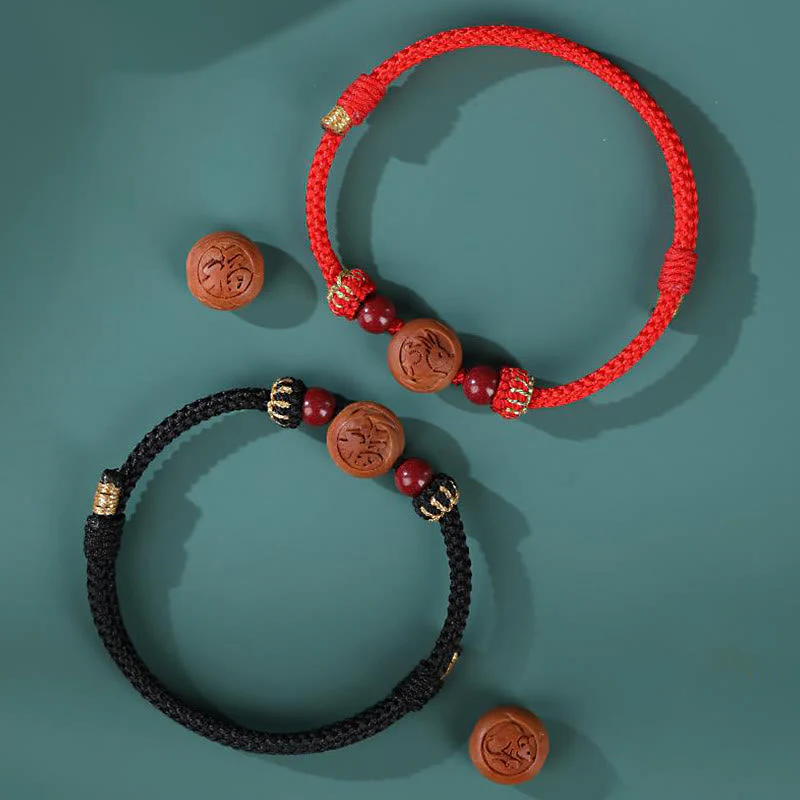 Natural Peach Wood Chinese Zodiac Fu Cinnabar Wealth Bracelet - Image 14