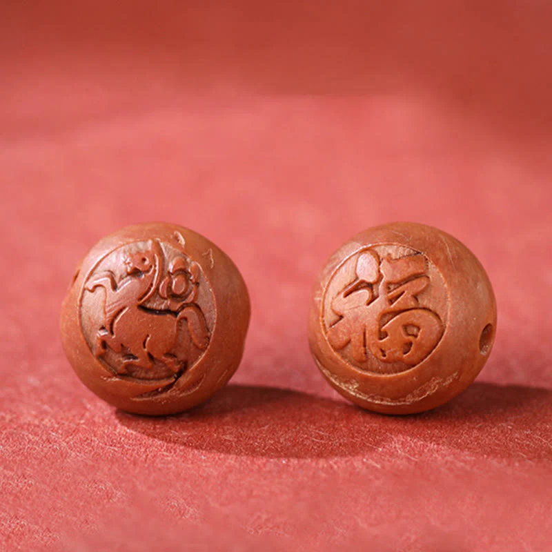 Natural Peach Wood Chinese Zodiac Fu Cinnabar Wealth Bracelet - Image 18
