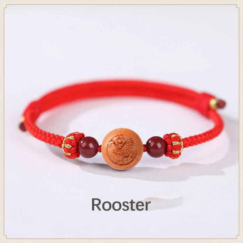 Natural Peach Wood Chinese Zodiac Fu Cinnabar Wealth Bracelet - Image 9