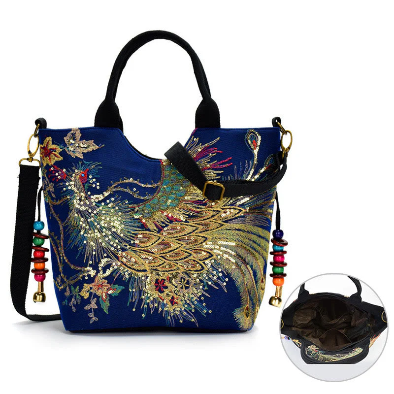 Peacock Embroidered Tote Bag | Canvas Shoulder Crossbody - Image 2