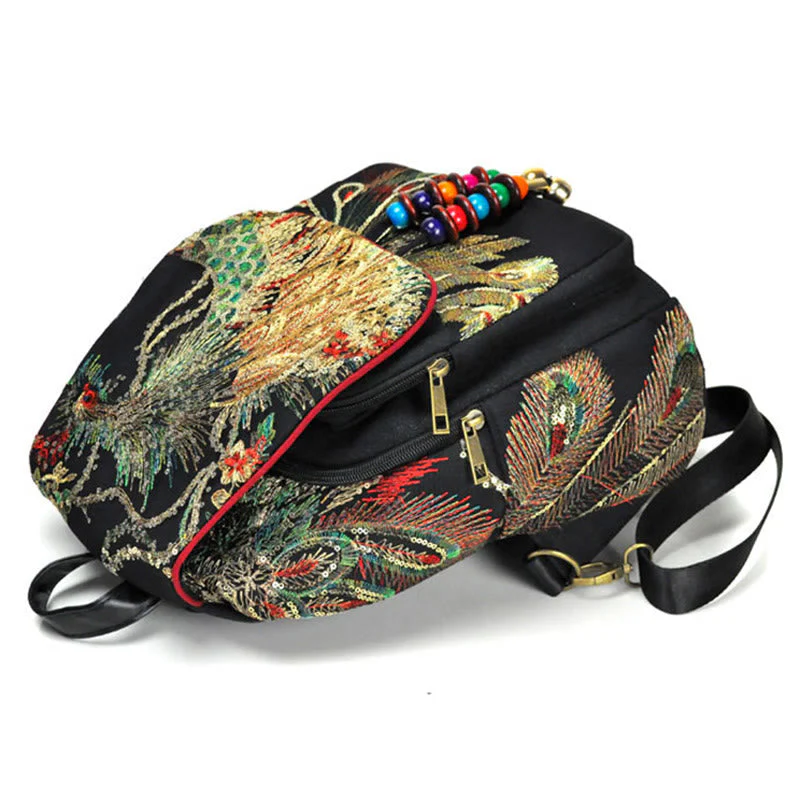 Peacock Embroidery Canvas Tassel Backpack for Spiritual Use - Image 5