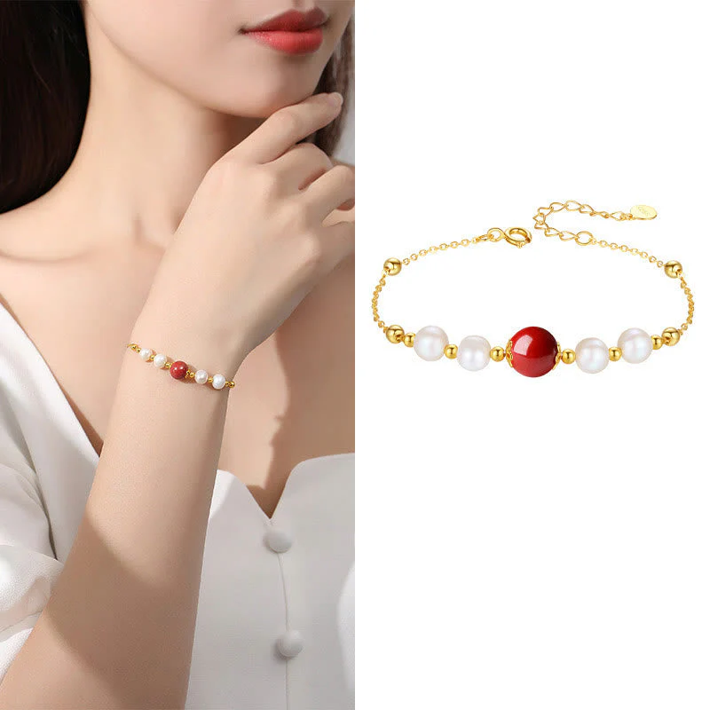 925 Sterling Silver Pearl & Cinnabar Healing Bracelet 14cm-18cm - Image 6
