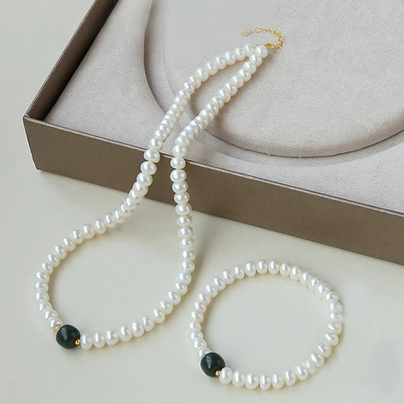 Pearl Hetian Jade & Aquamarine 42cm Necklace Bracelet