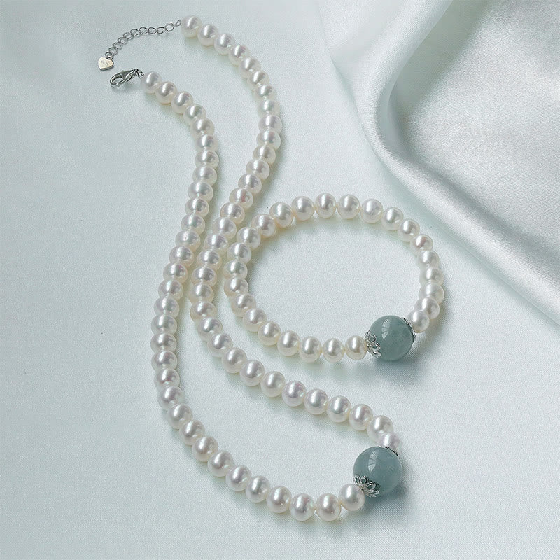 Pearl Hetian Jade & Aquamarine 42cm Necklace Bracelet - Image 4