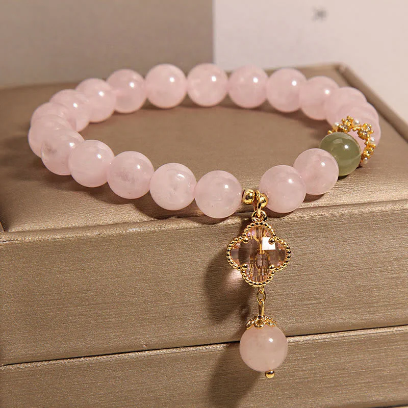 8mm Pink Crystal Soothing Four Leaf Clover Bracelet - Image 2